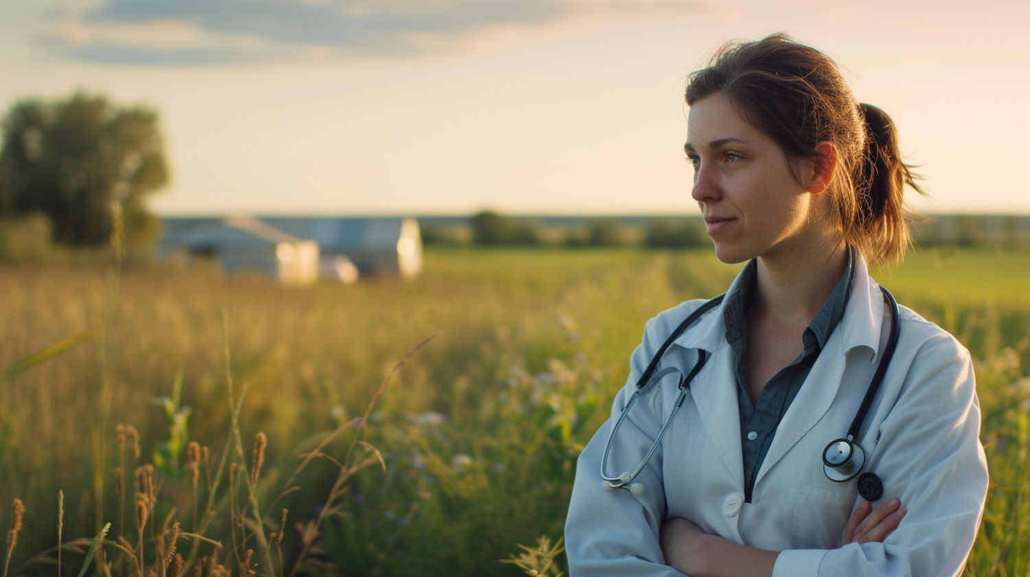Female nurse in rural farmland area